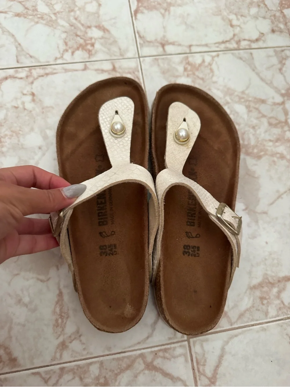 Birkenstock Pearl-Front Cream Thong Sandals